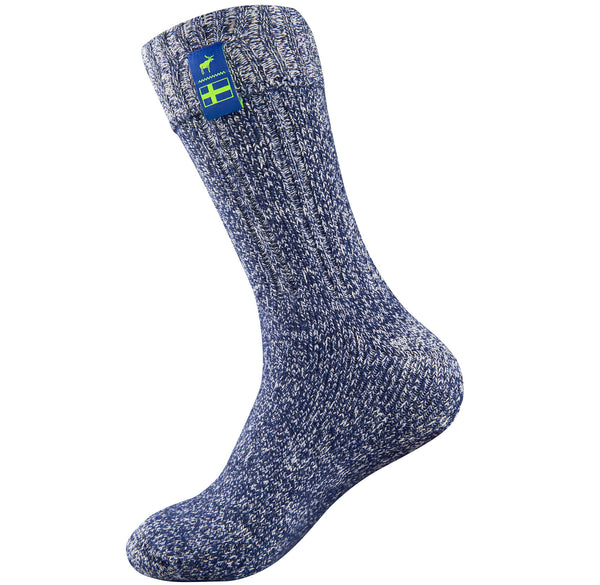 Norfinde Long Norwegian wool socks with a Nordic design, dark blue